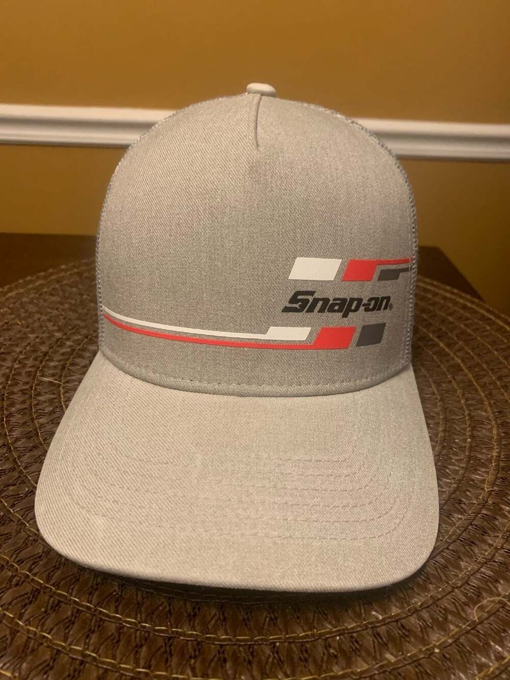 Snap-on Tools Gray Mesh Snapback Baseball Hat with Red and White Stripe Logo